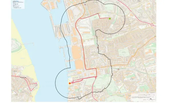 The map showing the cordon being implemented for the bomb to be transported