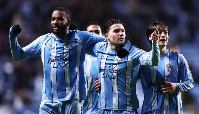 Coventry players Kasey Palmer (L) and Callum O'Hare celebrate a goal against Sheffield Wednesday