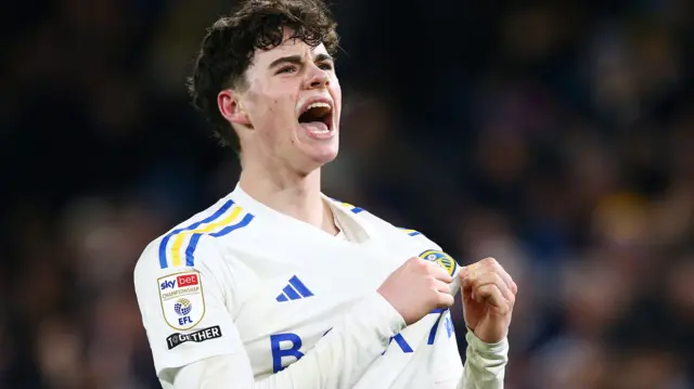 Archie Gray celebrates scoring for Leeds