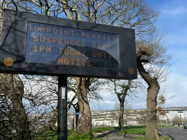 Torpoint Ferry sign as services suspended