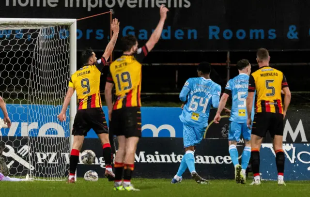 unfermline's Malachi Fegan-Walcott scores to make it 1-1 during a cinch Championship match between Partick Thistle and Dunfermline at the Wyre Stadium at Firhill, on February 23, 2024, in Glasgow, Scotland.