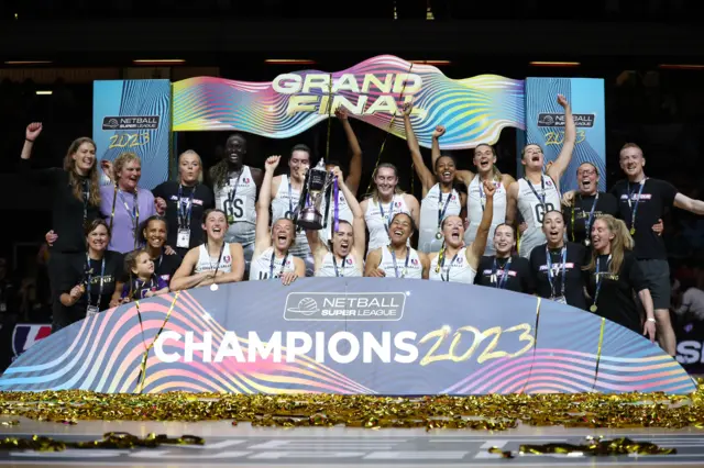 Loughborough Lightning celebrate winning the 2023 Netball Super League Grand Final