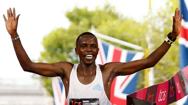 Kenya's Amos Kipruto crosses the line in London