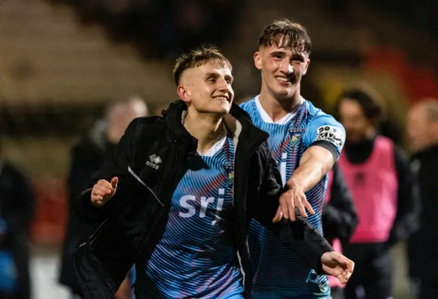 Dunfermline's Matty Todd and Lewis McCann at full time during a cinch Championship match between Partick Thistle and Dunfermline at the Wyre Stadium at Firhill, on February 23, 2024, in Glasgow, Scotland.