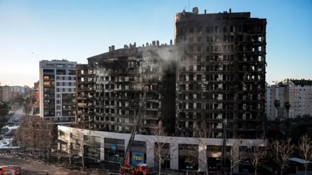 A view of the facade of the damaged buildings, following the fire in Valencia