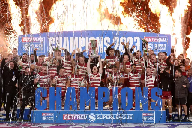 Wigan celebrate their 2023 Super League title win