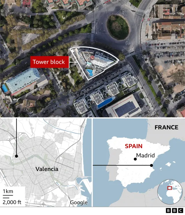 Graphic of the Valencia district of Campanar, and an aerial view of the apartment block before the fire