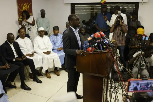 Cheikh Tidiane Youm, spokeperson for the Front des candidates à l élection présidentielle du 25 Février (FC25) addresses a press conference in Dakar on 23 February.