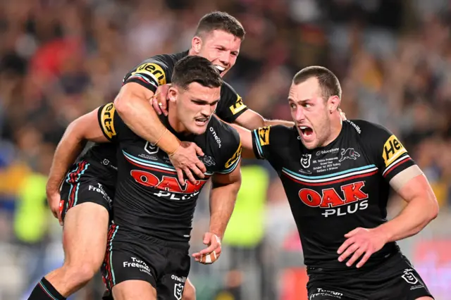 Nathan Cleary of the Panthers celebrates with team mates during the NRL grand final in 2023