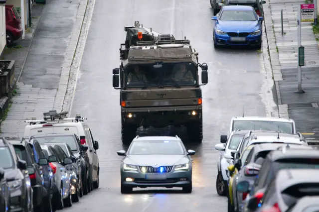 A military vehicle dealing with the bomb in Keyham