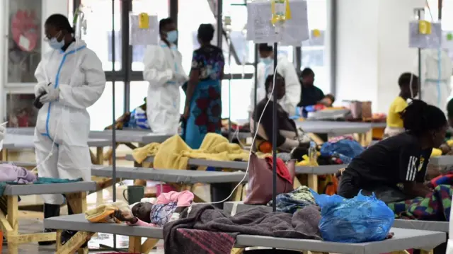 People receive treatment at an emergency cholera facility that was set up to deal with a deadly outbreak at the National Heroes Stadium in Lusaka, Zambia, January 2024