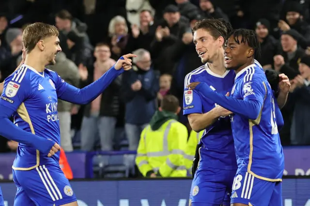 Abdul Fatawu of Leicester City celebrates a goal with team-mates