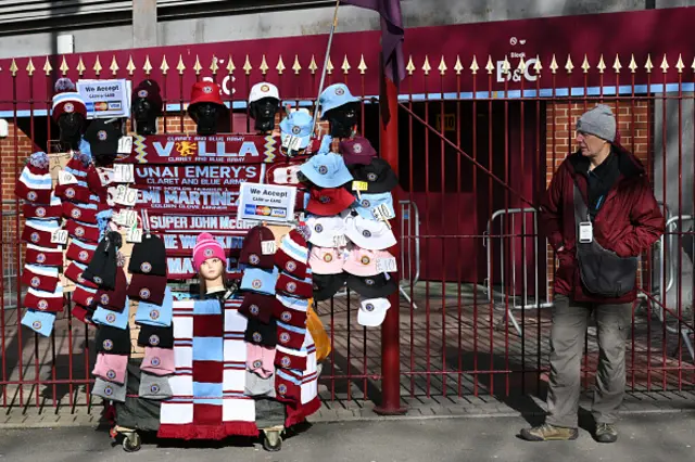 Aston Villa merchandise is seen for sale outside