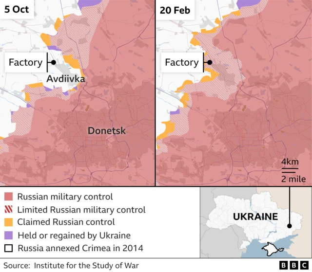 A map showing Russian military control in Avdiivka