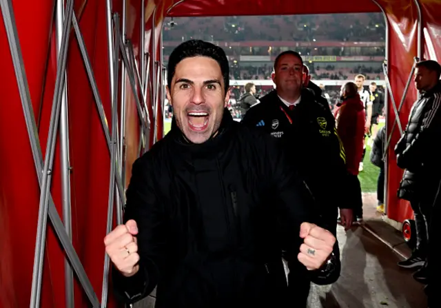 Mikel Arteta, Manager of Arsenal, celebrates victory