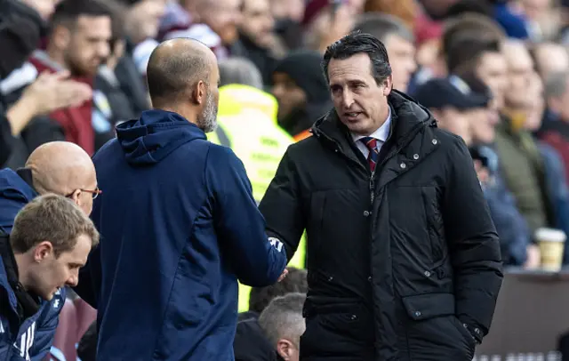 Nottingham Forest's manager Nuno Espirito Santo is greeted by Aston Villa's manager Unai Emery