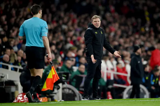 Eddie Howe, Manager of Newcastle United, reacts towards the Assistant Referee