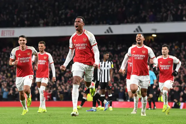 Gabriel of Arsenal celebrates his team's first goal