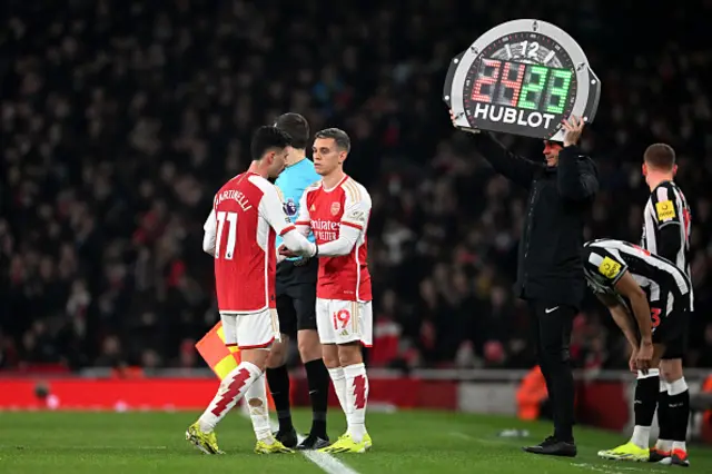 Gabriel Martinelli of Arsenal is substituted off for teammate Leandro Trossard