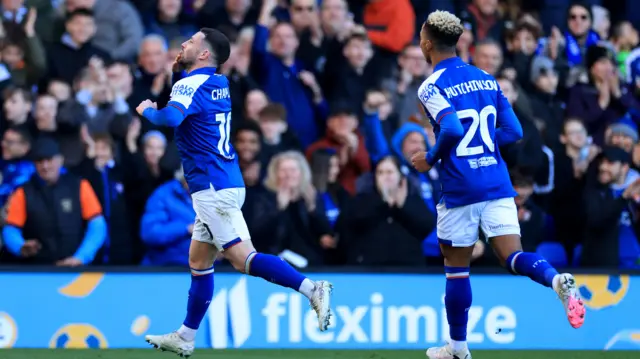 Conor Chaplin celebrates scoring for Ipswich