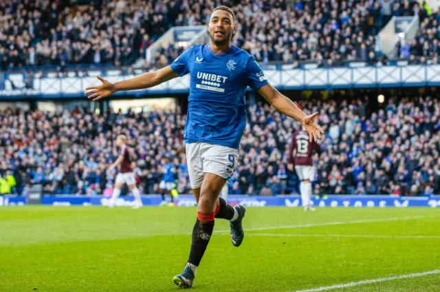 Cyriel Dessers celebrates scoring for Rangers against Hearts