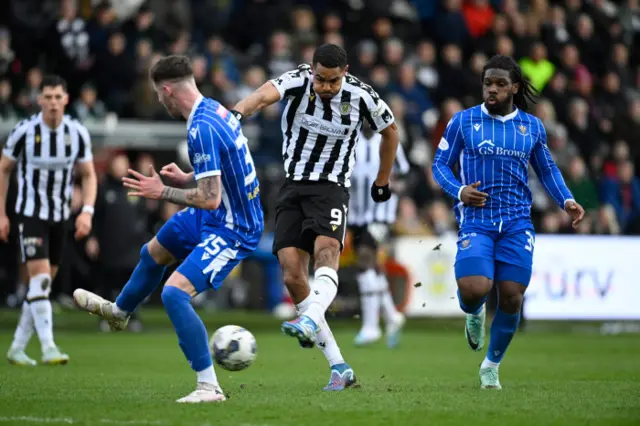 St Mirren's Mikael Mandron (C) scores to make it 1-0 during a cinch Premiership match between St Mirren and St Johnstone at the SMiSA Stadium, on February 24, 2024, in Paisley, Scotland.