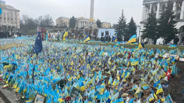 Lots of Ukrainian flags