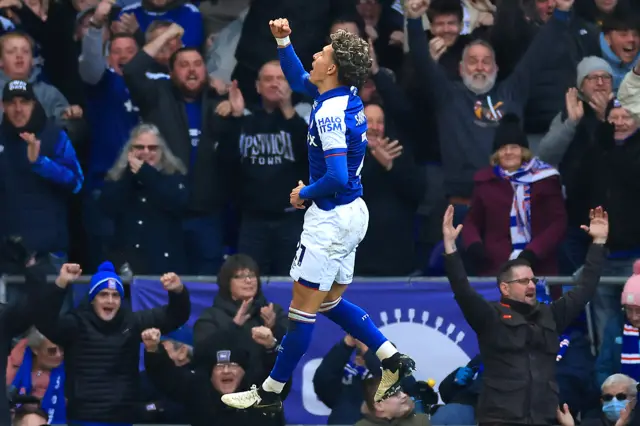 Jeremy Sarmiento celebrates scoring for Ipswich