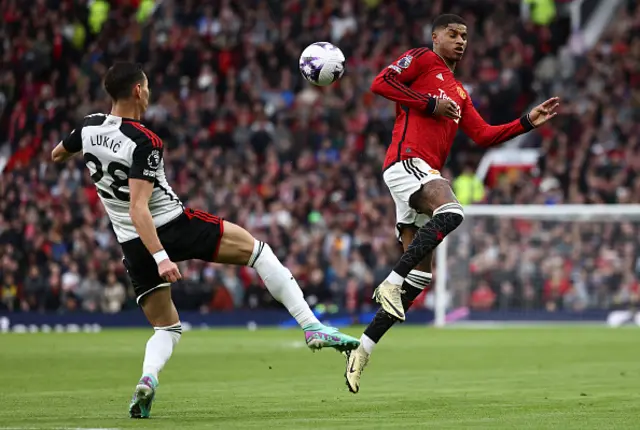 Marcus Rashford reacts as Fulham's Serbian midfielder Sasa Lukic