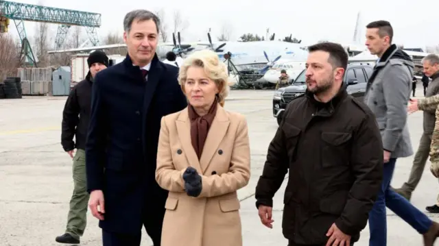 Belgium's Prime Minister Alexander De Croo, European Commission president Ursula Von der Leyen and Ukrainian President Volodymyr Zelensky together in Kyiv