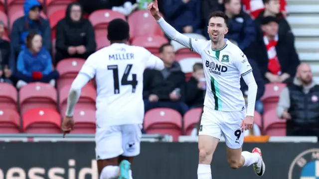 Ryan Hardie celebrates scoring for Plymouth