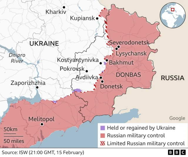 A map showing the occupied areas in southern and eastern Ukraine