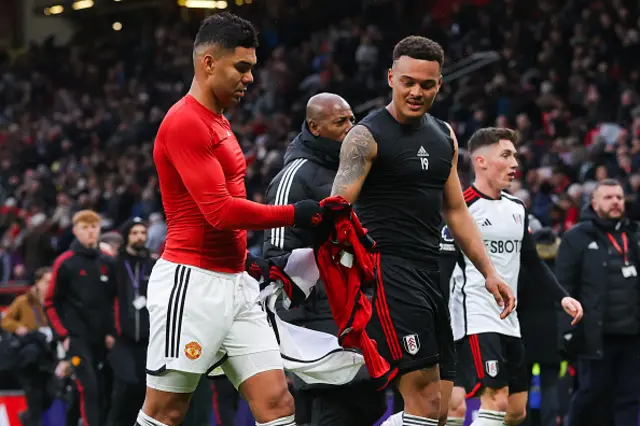 Casemiro of Manchester United swaps shirts with Muniz