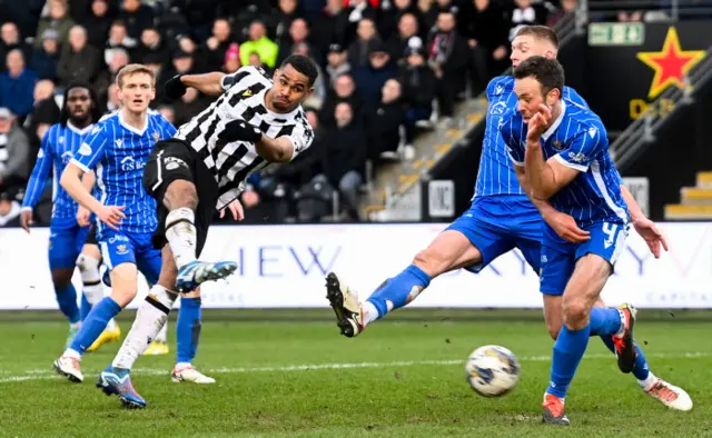 St Mirren's Mikael Mandron scores to make it 2-0 during a cinch Premiership match between St Mirren and St Johnstone at the SMiSA Stadium, on February 24, 2024, in Paisley, Scotland