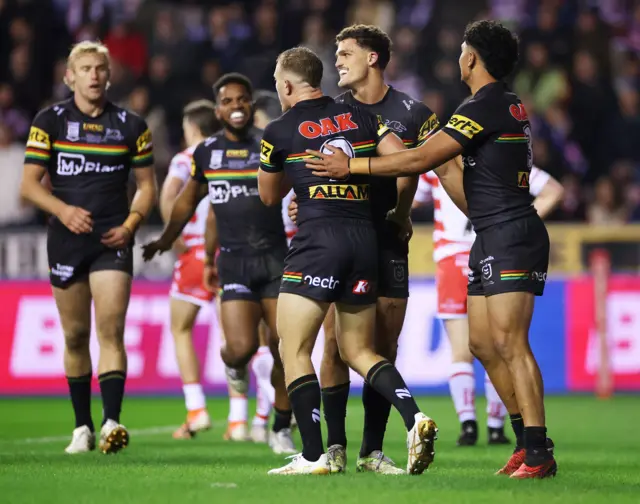 Penrith celebrate Nathan Cleary's try