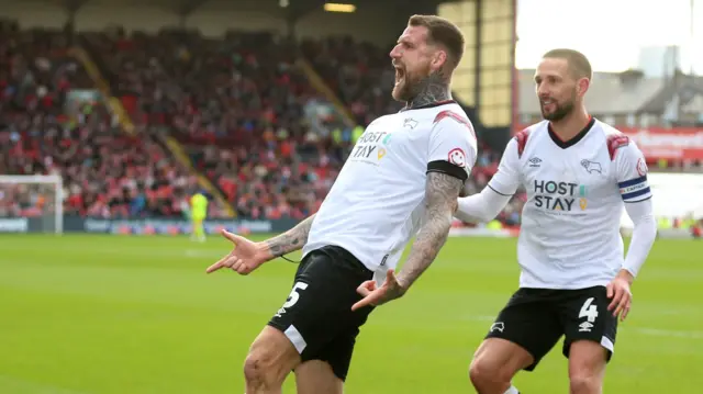 Sonny Bradley celebrates a goal for Derby