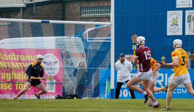 Jason Flynn strikes his second Galway goal at Corrigan Park