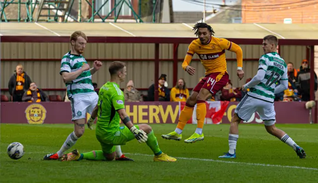 Theo Bair nets for Motherwell against Celtic but is offside