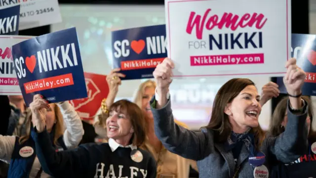 Supporters of Republican presidential candidate former U.N. Ambassador Nikki Haley attend an election night party February 24, 2024 in Charleston, South Carolina.