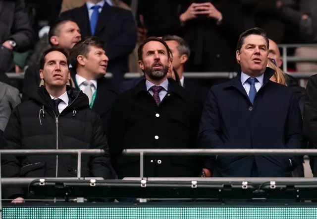 The CEO of the FA Mark Bullingham, England manager Gareth Southgate and Premier League chief Richard Masters during the Carabao Cup final at Wembley Stadium, London