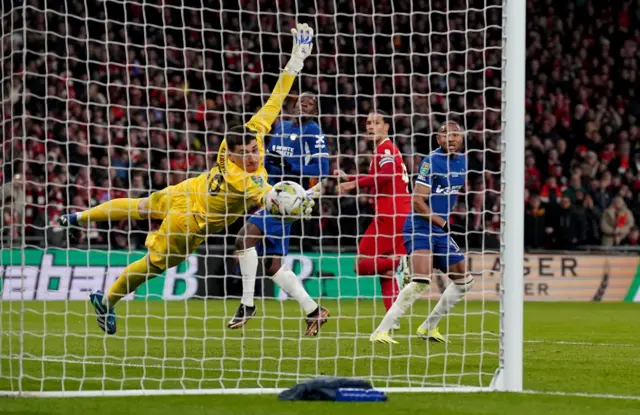 Liverpool's Virgil van Dijk (third left) scores his sides first goal of the game during the Carabao Cup final at Wembley