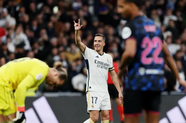 Lucas Vazquez celebrates scoring a goal that is later disallowed