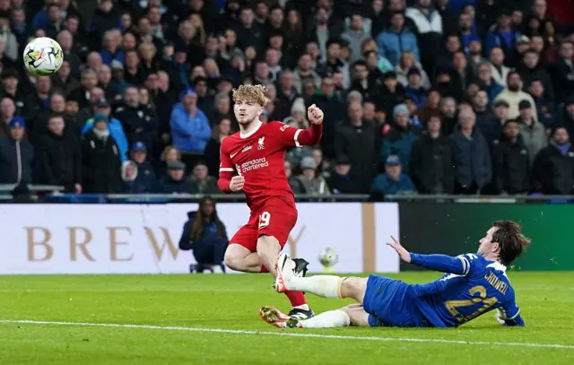 Liverpool's Harvey Elliott shoots during the Carabao Cup final at Wembley Stadium