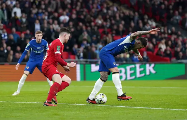 Chelsea's Enzo Fernandez attempts a back heel during the Carabao Cup final