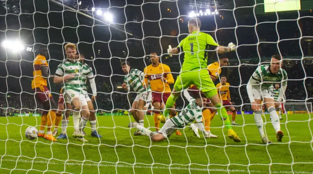 Jonathan Obika scores for Motherwell against Celtic