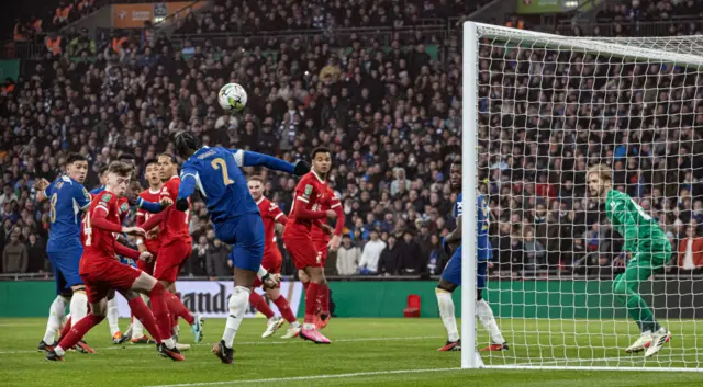 Axel Disasi misses a chance for Chelsea against Liverpool in the Carabao Cup final