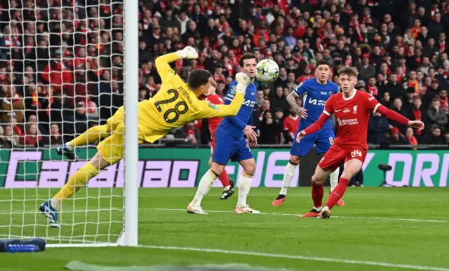 Chelsea's Serbian goalkeeper #28 Djordje Petrovic punches the ball to make a save during the English League Cup final football match between Chelsea and Liverpool