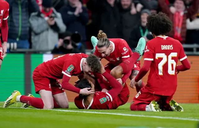 Liverpool celebrate Virgil van Dijk's header that won the Carabao Cup