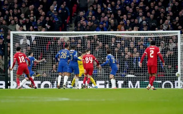 Liverpool's Cody Gakpo (left) hits the far post with a shot during the Carabao Cup final at Wembley Stadium