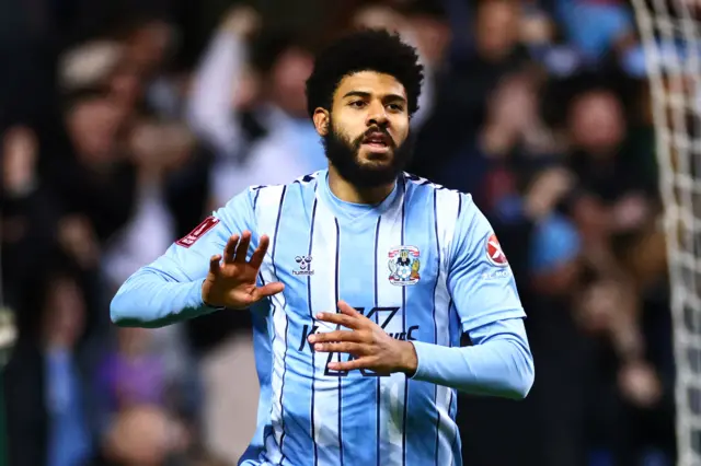 Ellis Simms celebrates scoring for Coventry against Maidstone